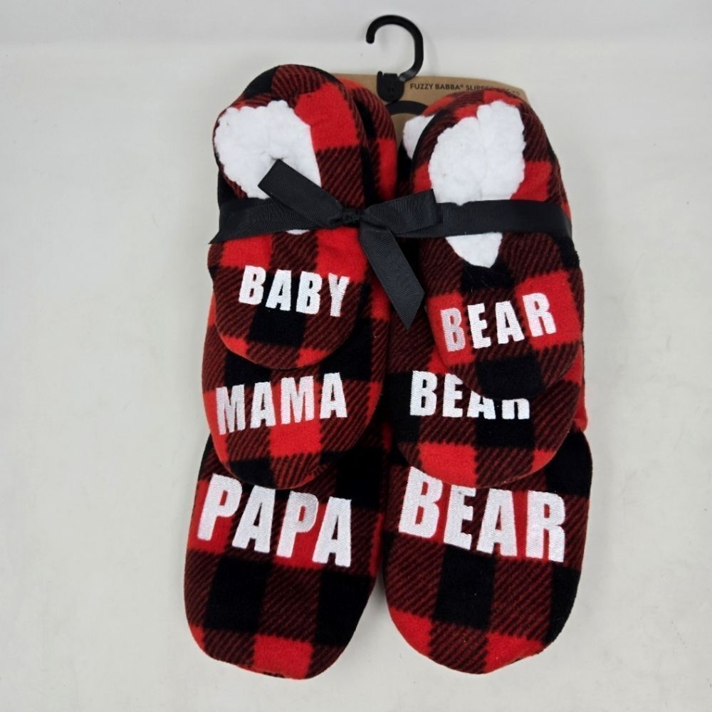 FUZZY BABBA Red and Black‎ Plaid Family Slippers Set NWT